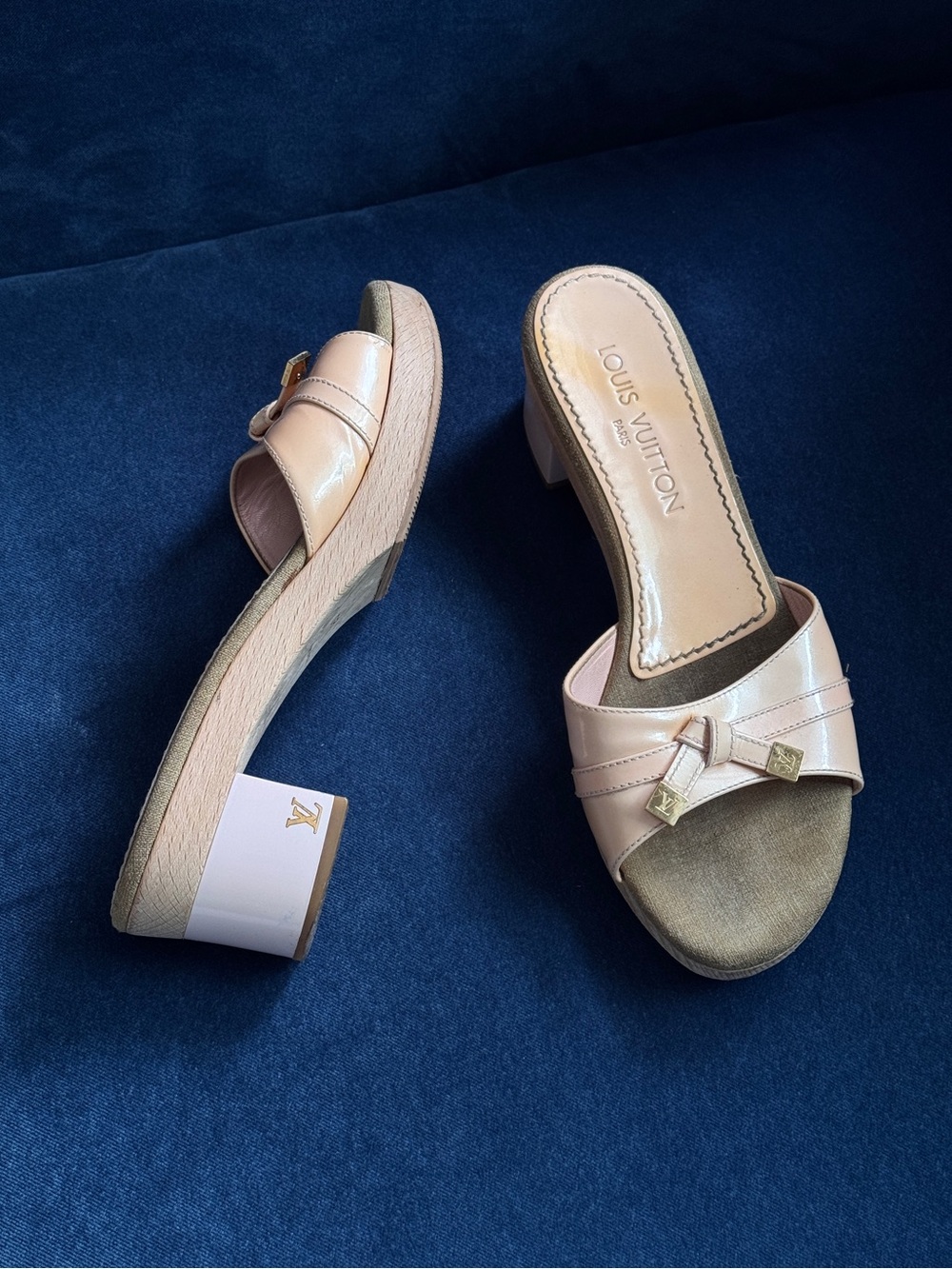 Louis Vuitton Signature Logo Wooden Tan pink Patent Leather Mule Sandals Size 38